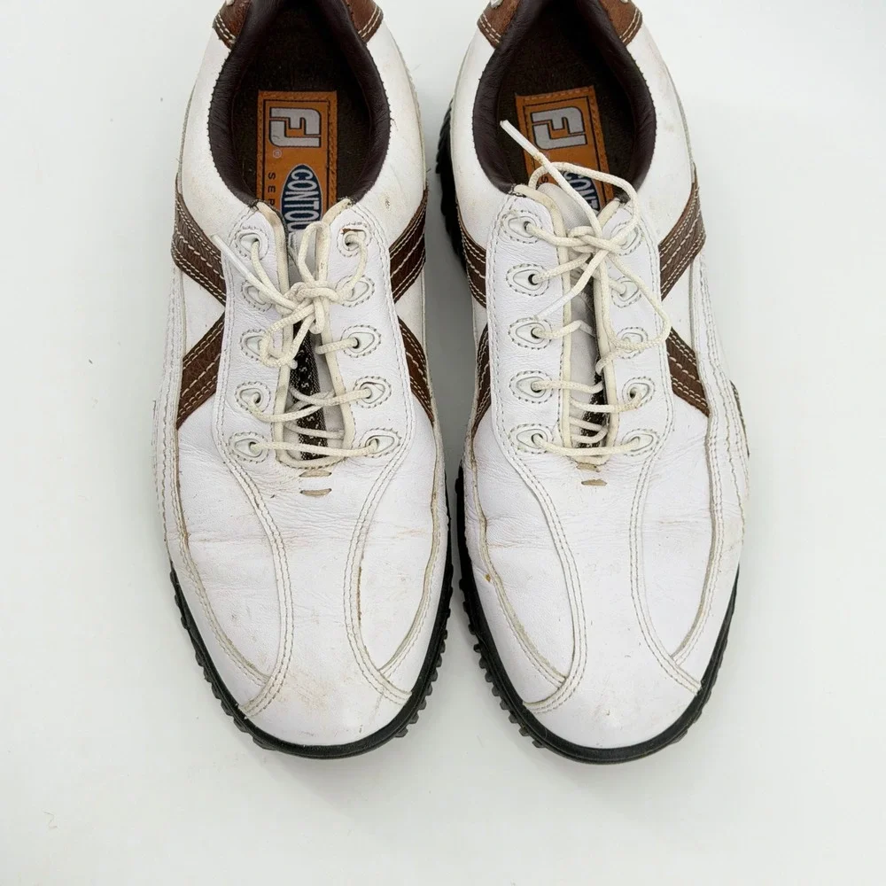 FootJoy Contour Series 54043 Mens Golf Shoes White Brown Leather Size 8 M Spiked